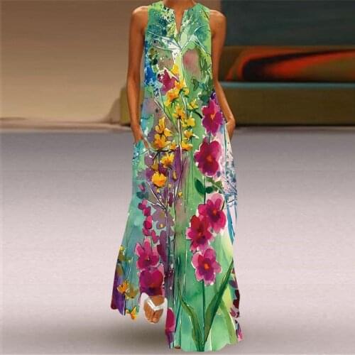 Fashion Print Flowers Summer Dress Casual Sexy Boho Beach Dresses Women Party Dress V-neck Sleeveless Pocket Long Dress S-5XL