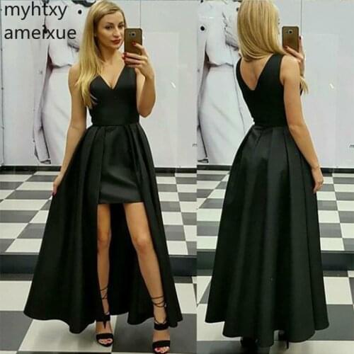 Simple Robe Evening Dresses Black V Neck Long Floor Length Sleeveless Pleat Evening Gowns Custom Made Plus Size Evening Dress