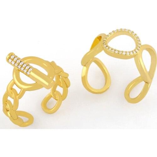 Gold Curb Link Chain Rings For Women Geometric Chunky Chain Open Cuff Finger Ring Adjustable Cubic Zirconia Jewelry Gifts rigj72