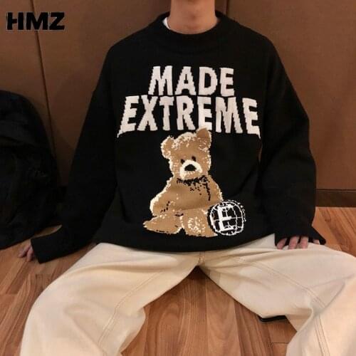 HMZ 2021 Winter Harajuku Sweaters Men Casual Round Neck Pullovers Bear Pattern Sweaters Hip Hop Couple Pullovers Sweater Male