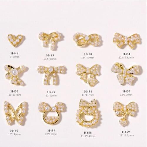 10PCS, Nail Art Pearls Jewelry Hearts Bows Butterflys With Gold Alloy For Nail Tips Decorations