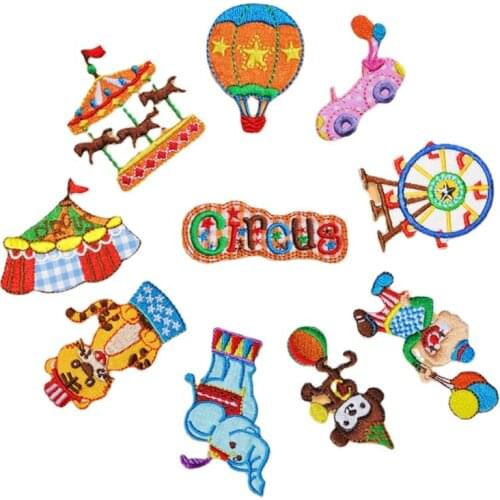 100pcs/lot Embroidery Patch Circus Letter Animals Lion Monkey Clown Elephant Clothing Decoration Sewing Accessory Iron Applique