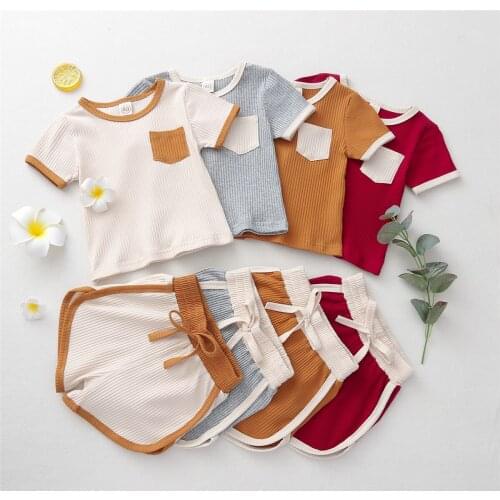 2021 0-4Y Summer Kids Baby Boy Girl Clothing Pocket Patch Short Sleeve Knitted Top+Shorts Loose Cotton 2pcs Outfits Set