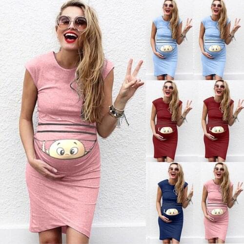 4 Colors Maternity Clothes 2021 Summer New Women O-neck Sleeveless Solid Color Printing Cute Maternity Dress Ropa Embarazada