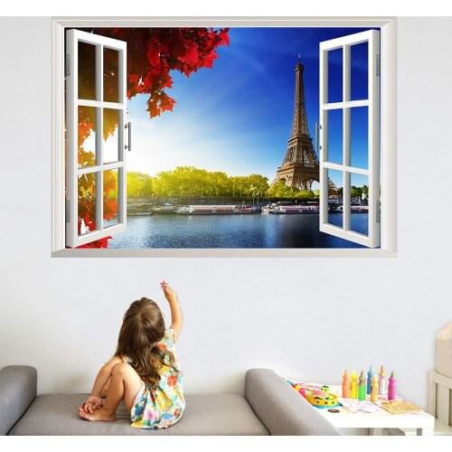 60X90CM * New 3D false window Eiffel Tower landscape wall sticker bedroom living room decorative painting