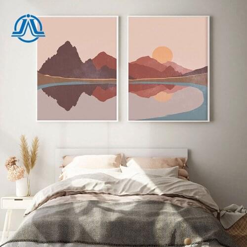 Abstract Poster Sunset Canvas Painting Mountain And Lake Landscape Wall Art Print Boho Style Modern Pictures For Room Decoration