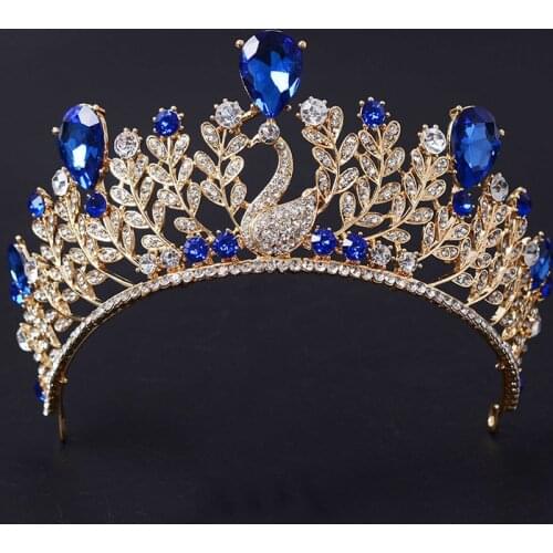 Sparkling Clear Austrian Crystal Luxurious Quinceanera Swan Olive Branch Design Blue Rhinestones Crown Wedding hair Accessories