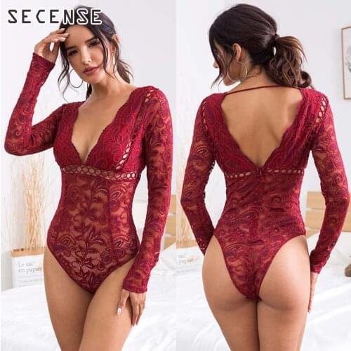 Bodysuit Women Long Sleeve Deep v Lace Hollow Out White Black Red Tops Sexy Summer See Through Jumpsuit Women Clothing SECENSE
