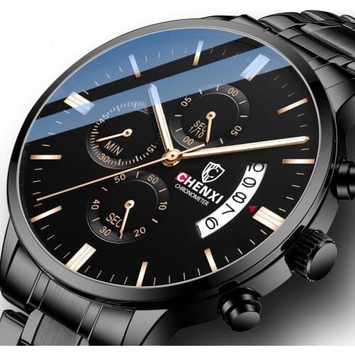 Stylish Black Stainless Steel Men Watches Chronograph Luminous Calendar Water Resistance Business Casual Male Quartz Wristwatch