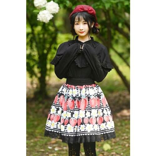 Black Lace Sweet Lolita SK Strawberry Flowers Print Lolita Skirts
