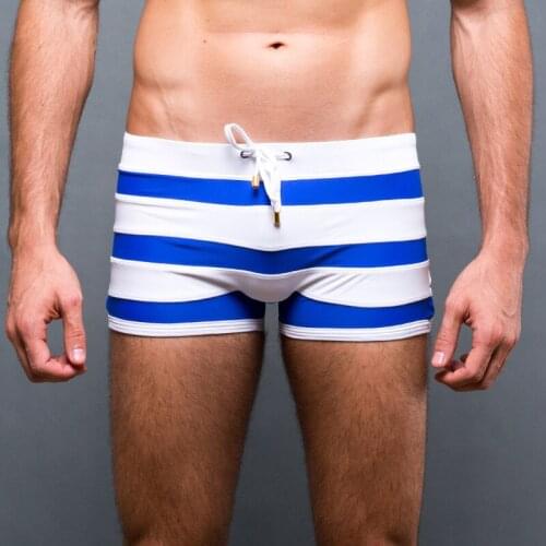 Hot Selling New Mens Navy Summer Beach Swimming boxers Sexy Striped Beach Pants High Elasticity Swimming Trunks