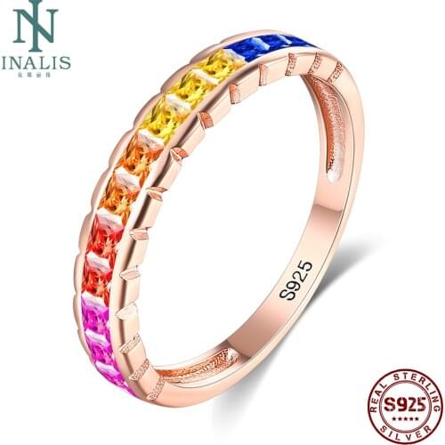 INALIS Rainbow Rings For Women 925 Sterling Silver Setting A Half Circle Colored Zircons Simple Engagement Wedding Fine Jewelry