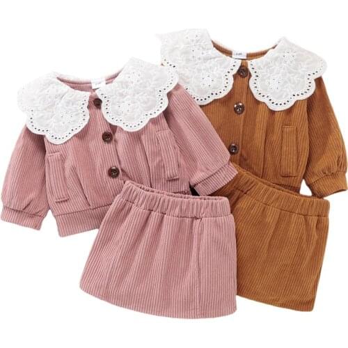 2021-07-02 Lioraitiin 0-3Yeras Toddler Baby Girl 2 Pcs Ribbed Outfits Button-down Ruffled Long Sleeve Cardigan Skirt 2Styles