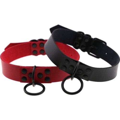Black Red PU leather Circle Pendant Wild Punk Women Colier Collar Choker Necklace Pin Buckle Gothic Gift Female Jewelry