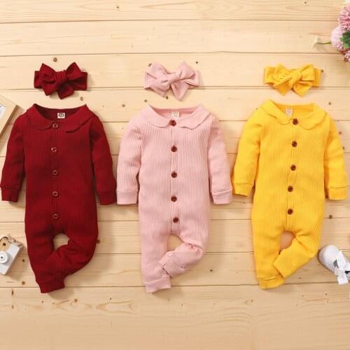Baby Girl’s Long Sleeve Jumpsuit Autumn Fashion Solid Color Single-breasted Lapel One Piece Long Pants and Headband