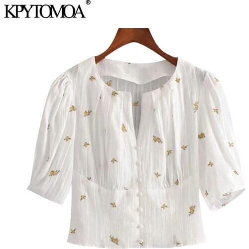 KPYTOMOA Women 2021 Sweet Fashion Floral Embroidery Cropped Blouses Vintage Puff Sleeve Side Zipper Female Shirts Chic Tops
