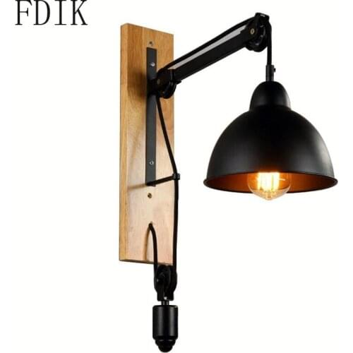 Loft Retro Wall Lamp Wrought Iron Industrial Wall Sconce for Aisle Bedside Dining Room Living Room Lifting Pulley Wood Lights