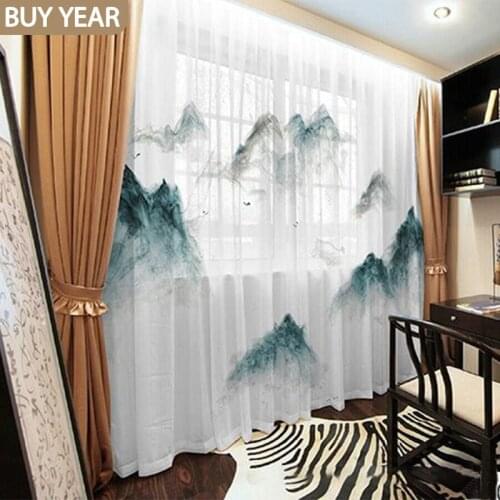 New Chinese Curtains for Living Dining Room Bedroom Ink Painting Loop Screen 3D Digital Printing Chiffon Tulle Curtains Window