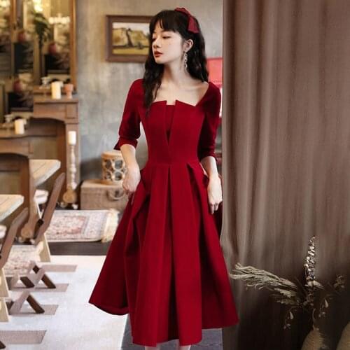 Sexy Elegant Tea Party Middle Length Slim Black Red Wedding Cocktail Dresses Bridal Toast Suit Host Vestidos De Fiesta 7360
