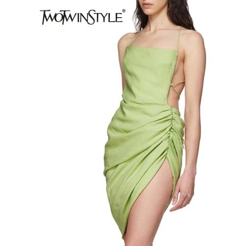 TWOTWINSTYLE Casual Ruched Dress For Women Spaghetti Strap Square Collar Backless Dresses Female 2020 Summer Fashion New