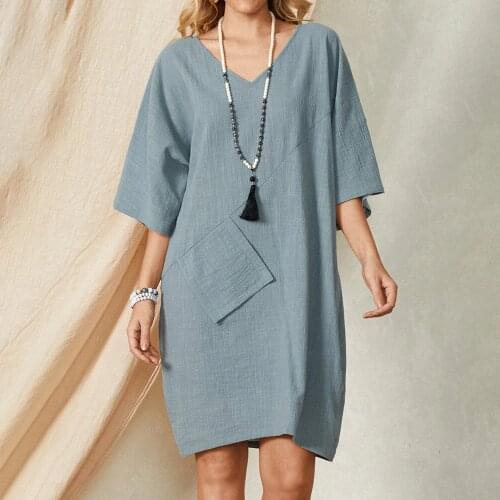 Casual Half Sleeve Loose Mini Dress Women Summer Fashion V-neck Pure Color Dresses For Women 2021 Blue Cotton Pocket Robe Femme