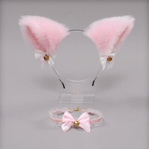 Sexy Lace Bow Bell Collar Necklace Pink Cat Ears Set Halloween Party Cosplay Costume Props Masquerade Accessories Creative Gift