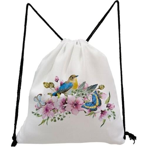Bird Floral Printed Backpack Pretty White Drawstring Bag Unisex Shoe Bag for School Fashion Travel Bag High Capacity Storage Bag