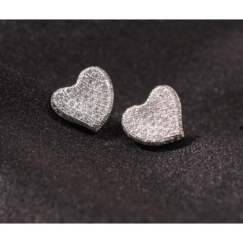 1Pair S925 Sterling Silver Heart Stud Earrings AAA CZ Stone Paved Bling Ice Out Hip Hop Earrings for Women Men Unisex Jewelry