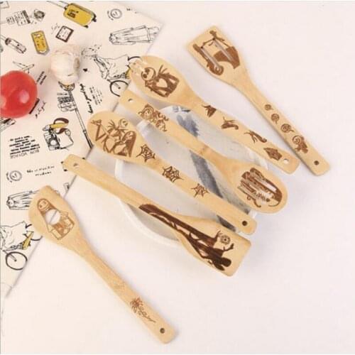 Rice Paddle Bamboo Utensils, 6Pcs Halloween Shovel Bamboo Cooking Utensils Bamboo Spatula, Reusable Kitchen Utensils Spoon