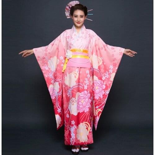 High Quality Pink Japanese Women Kimono Yukata With Obi Sexy Womens Bar Costume Clothing Vintage Prom Dress One Size 717-1