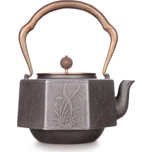Japanese handmade crude cast iron octagonal tea pot uncoated iron bottle water kettle teapot copper cover and handle 1.2L