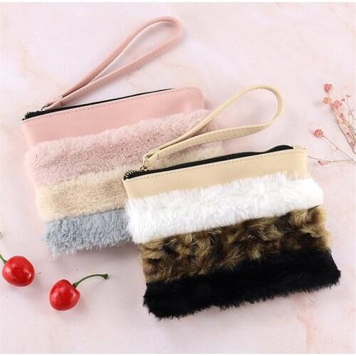 Womens Cosmetic Bag Multi-purpose Plush Leather Zipper Handbag for Cash Keys Cards Lipsticks Perfume Make-up Bag