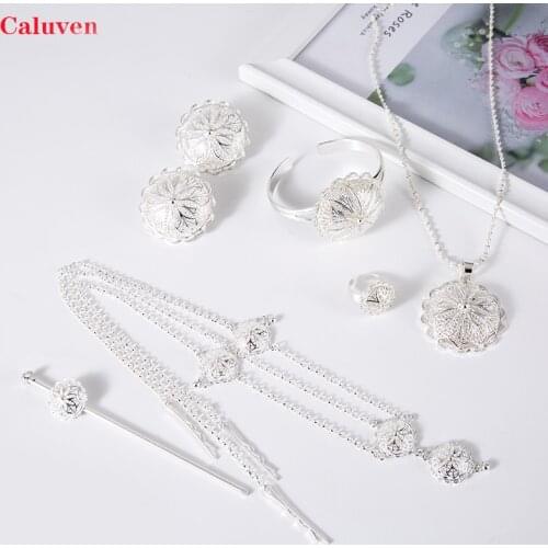 Hairpin African Bridal Jewelry Ethiopian Silver jewelry sets for Women Chain Necklace Clip Ring Sets Habasha Bridal Jewelry