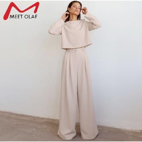 Spring Autumn New Temperament Commuter Round Neck Shirt Wide Leg Pants Suit Women Solid Color Casual Suit Two-piece Set 2021