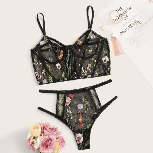 Women Sexy Two-piece Lingerie Set Black Floral Printed Pattern See-through Tops + Panties