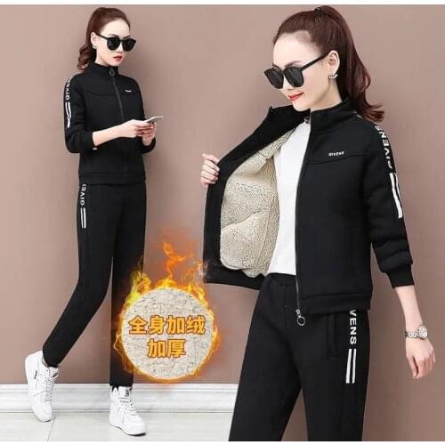 Winter Thickened Fashion Stand Collar Tracksuit Women Two Piece Set Warm Lambswool Fleece Sweatsuit Casual Pantsuit Loungewear