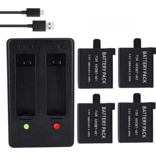 4Pcs 1600mAh Gopro Hero 4 Battery Replacement + Dual Slots USB Charger For GoPro Hero4 HERO4 AHDBT401 AHDBT 401 Camera Bateria