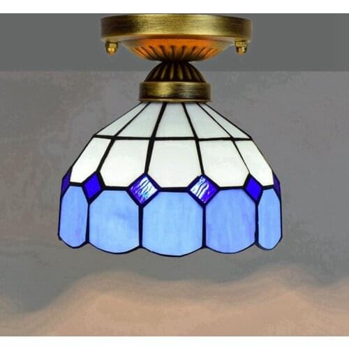 8-Inch 20cm Tiffany Colored Glass Corridor Balcony Small Ceiling Lamp Mediterranean Blue and White Grid