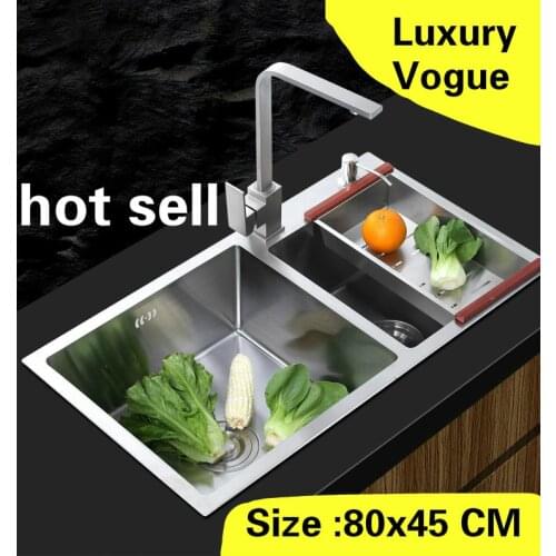 Free shipping Apartment luxury wash vegetables 304 stainless steel kitchen manual sink double groove hot sell 80x45 CM