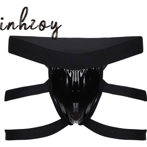 2XL Men Strappy Patent Leather Hollow Out Gay Jockstrap Sissy Underwear Underpants T-Back Bondage Lingerie Boxers Bikini Costume