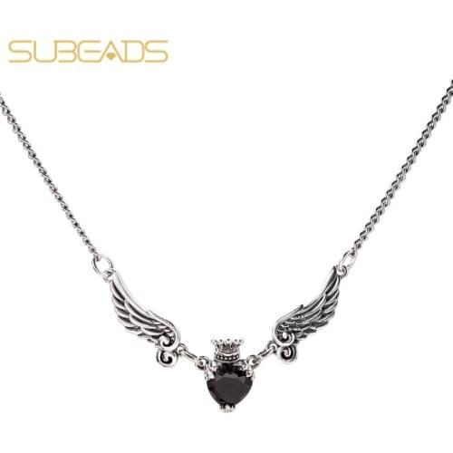 Subeads 925 Sterling Silver Angel Wing Pendant Necklace For Women Crystal Love Heart Crown Chain Necklace Fine Jewelry Gift