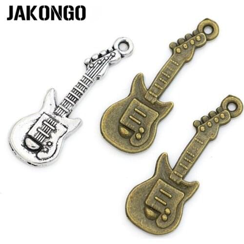 JAKONGO 10pcs Vintage Antique Silver/ Bronze Plated Music Guitar Charms DIY Handmade Pendants for Jewelry Making 30*10mm
