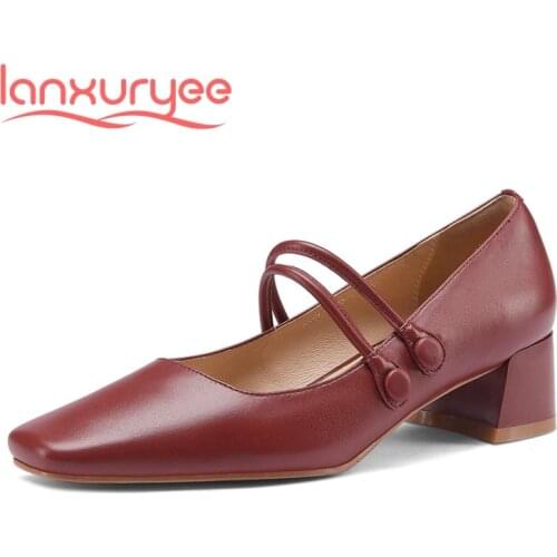 Lanxuryee new arrival genuine leather charming streetwear square toe thick med heel buckle straps dating maiden women pumps L53