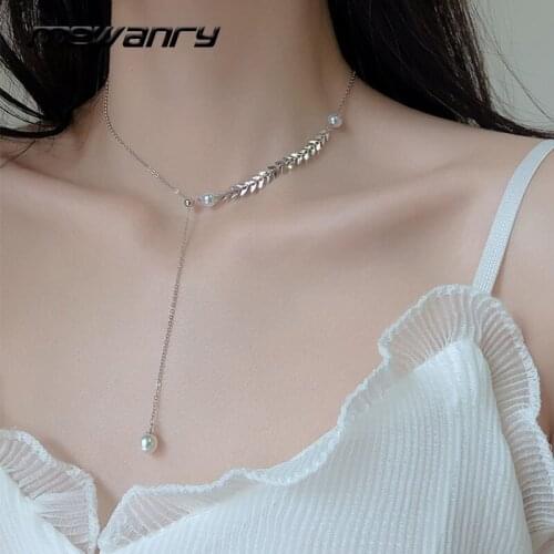 Mewanry 925 Sterling Silver Necklace for Women New Trend Elegant Unique Design Leaves Pearl Tassel Party Jewelry Birthday Gifts