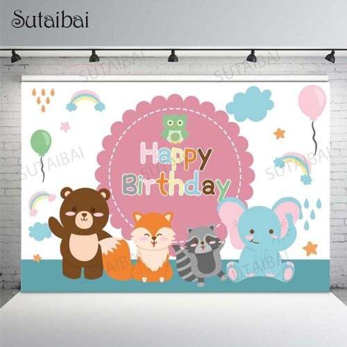 Cartoon Cute Safari Party Background Rainbow Balloons Customized Portrait Photography Backdrops Baby Children Birthday Photocall