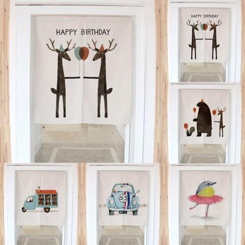 Cartoon Abstract Bear Cotton Linen Door Curtain Bedroom Half Panel Curtain Tube Partition Curtain Without Punching Home Decor