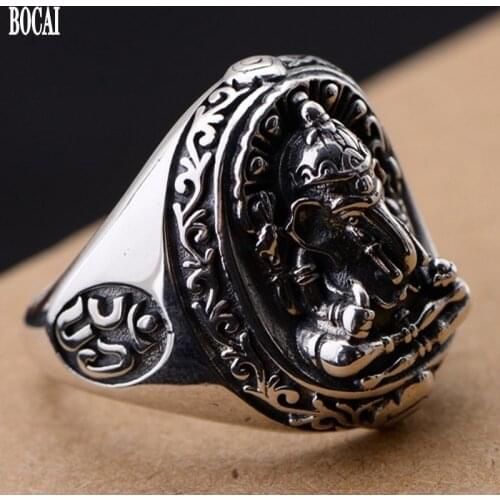 New 100% real S925 pure Silver Peaceful Elephant Nose God Ring for Man Extra Wide Version Good Luck Retro Thai Silver Man Ring
