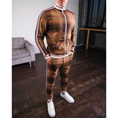 New Men Casual Zipper Set Autumn Tracksuit Set Fashion Jackets Men Tracksuit Sets Mens set Colorful Plaid Male Sweatshirt Pocket