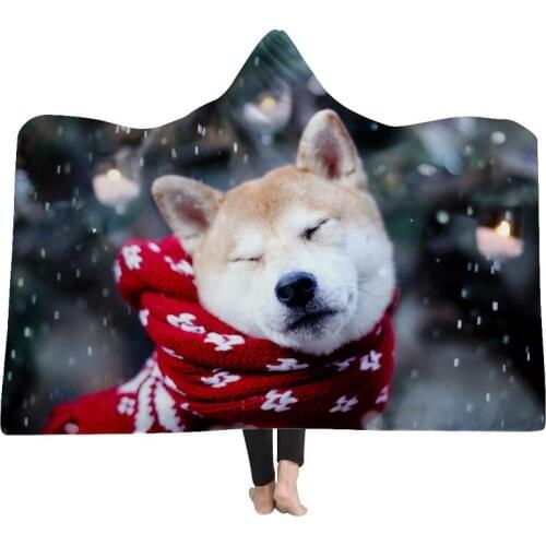 Dog Cat Animal Printed Hooded Blanket Throw for Adults Kids Cloak Travel Sofa Blanket Wearable Fleece Sherpa Cap Blankets Hoodie