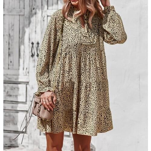 Autumn Winter Leopard Print Dress Fow Women Casual V Neck Lace Up Full Sleeve Dot Mini Dresses 2021 New